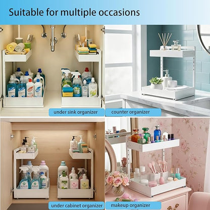 Under Sink Organizer, Bathroom Counter Organizer, 2 Pack 2 Tier L-Shape White, Adjustable Height Carbon Steel, Under Cabinet Storage with Pull Out Drawer, Use for Kitchen Bathroom Office Shop Laundry