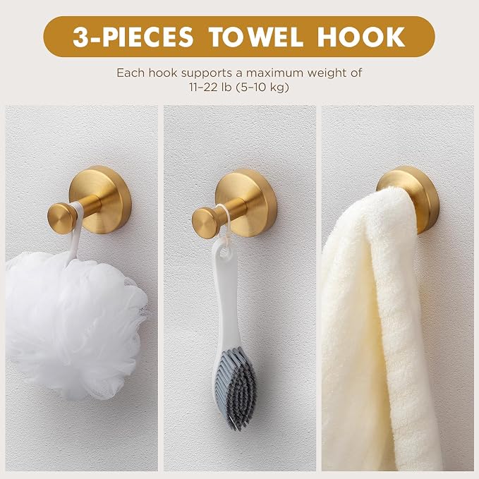 Gorlary Gold Bathroom Accessories, Bathroom Hardware Set Wall Mounted | 24” Towel Bar, Towel Ring Holder, Toilet Paper Holder and 3 Towel Hooks