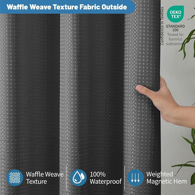 2-in-1 Waterproof Fabric Shower Curtain - No Separate Liner Needed, Hotel-Style Waffle Weave, Effortless Cleaning & Washable Bathroom Shower Curtain Set,72Wx84H,Chocolate Grey