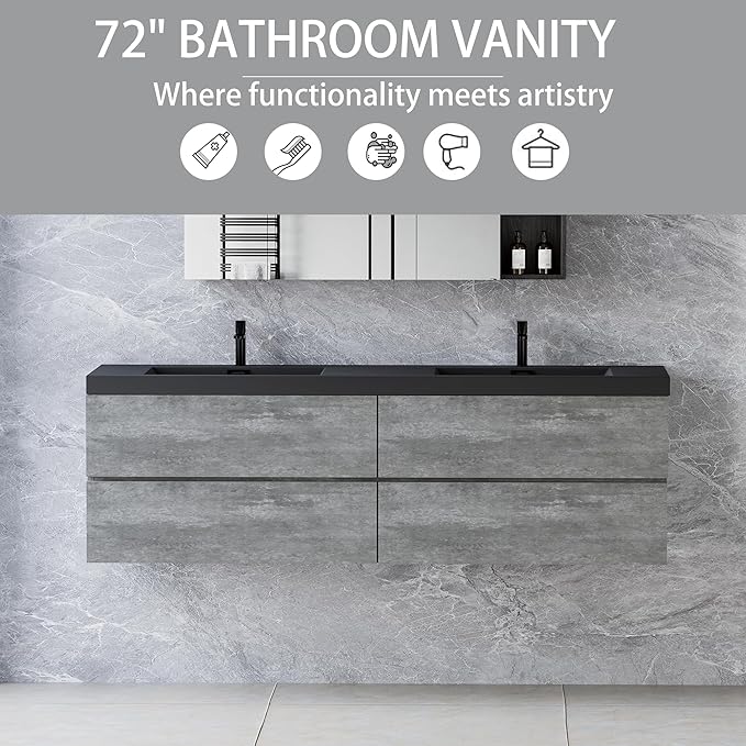 Floating Vanity Bathroom, 72 Inch Bathroom Vanity with Sink, Wall Mounted Double Sink Bathroom Vanity, Soft Closed 2 Drawers, Integrated Sink (Dark Birch)
