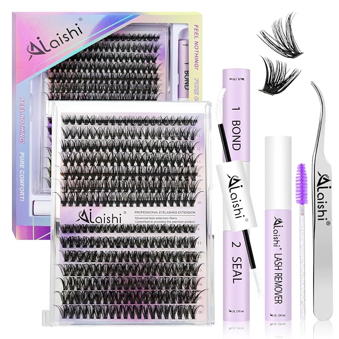 Lash Clusters Kit, DIY Cluster Eyelash Extensions 9‑16mm, 60D+80D+100D, 224pcs Fluffy D Curl Natural Lashes with Bond & Seal,Remover,Tweezers,Brush–Fake Cat Eye Individual Clusters