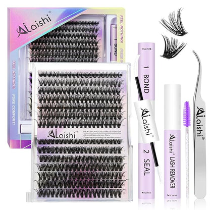 Lash Clusters Kit, DIY Cluster Eyelash Extensions 9‑16mm, 60D+80D+100D, 224pcs Fluffy D Curl Natural Lashes with Bond & Seal,Remover,Tweezers,Brush–Fake Cat Eye Individual Clusters