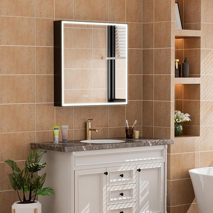 30" X 30" LED Mirrored Medicine Cabinet, Bathroom Medicine Cabinets with Lights for Bathroom, Defogging Function Mirror Cabinet, Medicine Cabinet with USB Port & Outlet, Double Doors