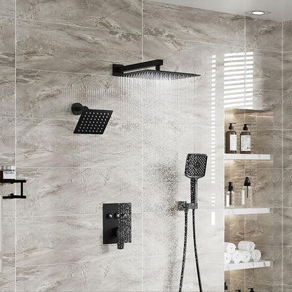 MONDAWE 12 Inch Wall Mounted Matte Black Shower System, 3-Function Shower Faucet Set with Rainfall Dual Shower Head and High Pressure 4-Setting Handheld, All Functions Can be Used At the Same Time