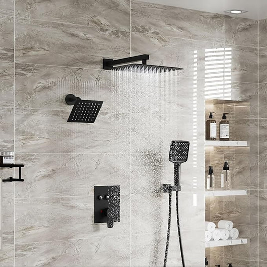 MONDAWE 12 Inch Wall Mounted Matte Black Shower System, 3-Function Shower Faucet Set with Rainfall Dual Shower Head and High Pressure 4-Setting Handheld, All Functions Can be Used At the Same Time