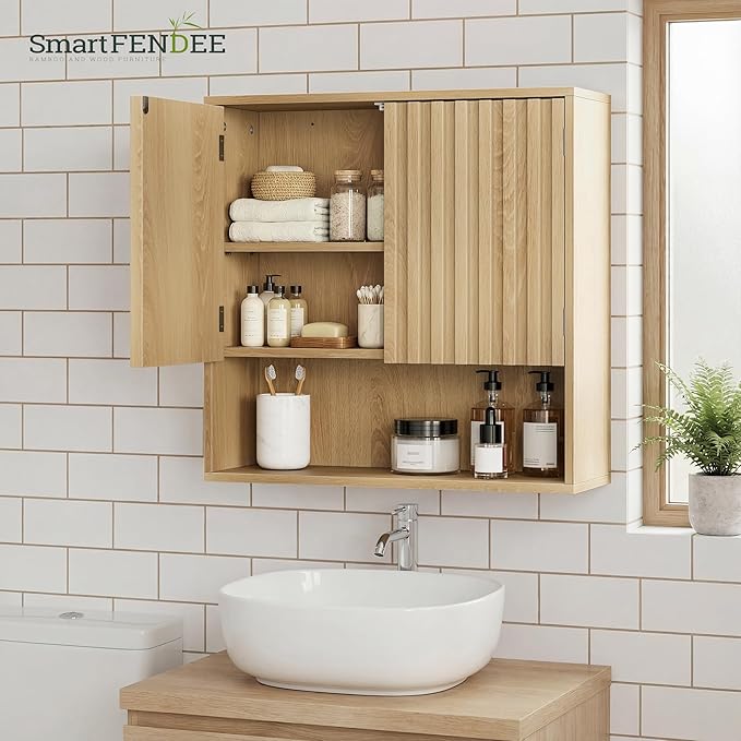 Bathroom Wall Storage Cabinet with Fluted Doors, Medicine Cabinet with Adjustable Shelf, Over The Toilet Storage Cabinet for Laundry Room & Kitchen & Living Room, Natural Oak