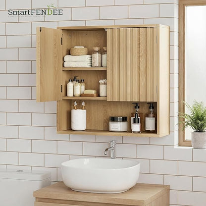 Bathroom Wall Storage Cabinet with Fluted Doors, Medicine Cabinet with Adjustable Shelf, Over The Toilet Storage Cabinet for Laundry Room & Kitchen & Living Room, Natural Oak