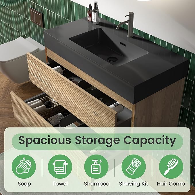 36 Inch Floating Bathroom Vanity with Black Sink, Modern Wall Mounted Floating Vanity with 2 Soft-Closing Drawers, Large Storage for Apartment, Hotel, Rough Oak