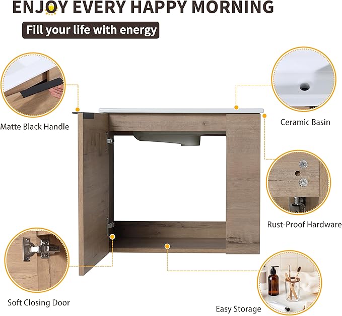 22 Inch Bathroom Vanity with Sink, 22" Wall Mounted Vanity Sink Combo for Small Space, Modern Bathroom Cabinet Set with Ceramic Basin Sink Top and Soft-Closing Door, Imitative Oak
