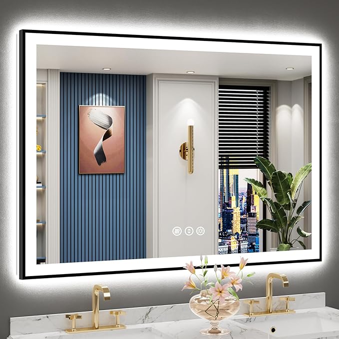 50x36 Black Framed LED Bathroom Mirror with Lights, Backlit and Front Lit Anti-Fog Lighted Vanity Mirrors for Bathroom Wall, Dimmable, 3 Colors, Memory, HD Tempered Glass, Horizontal/Vertical