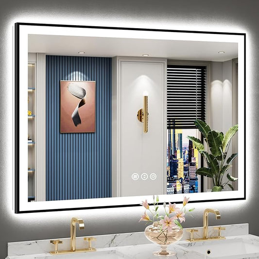 50x36 Black Framed LED Bathroom Mirror with Lights, Backlit and Front Lit Anti-Fog Lighted Vanity Mirrors for Bathroom Wall, Dimmable, 3 Colors, Memory, HD Tempered Glass, Horizontal/Vertical