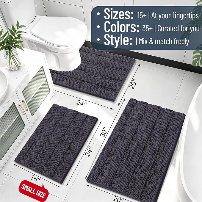 Smiry Thick Chenille Bathroom Rugs 30x20, Absorbent Bath Mat, Dark Grey | Quick‑Dry & Machine Washable, Non‑Slip Bath Carpet, Soft Striped Bath Rugs for Tub & Shower, Modern Home Decor Accessories