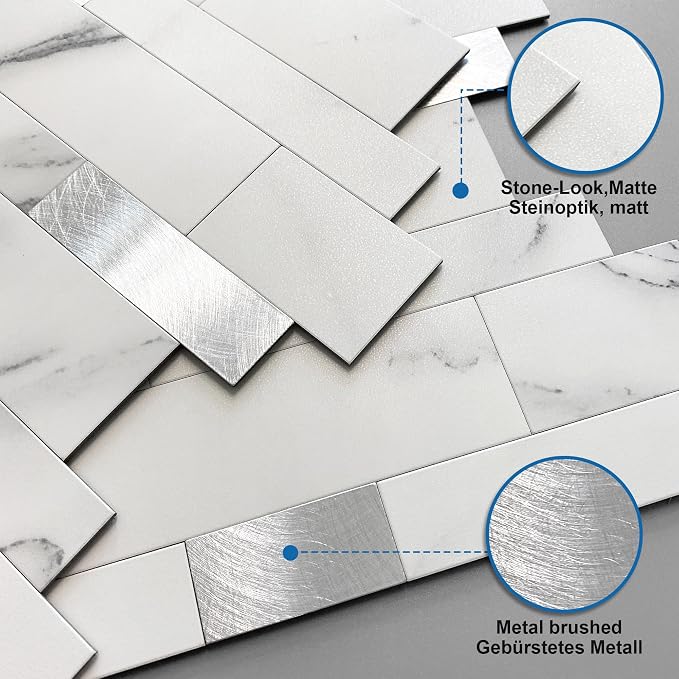 Stone Peel Stick Backsplash Tiles Kitchen Wall White Silver 10pcs
