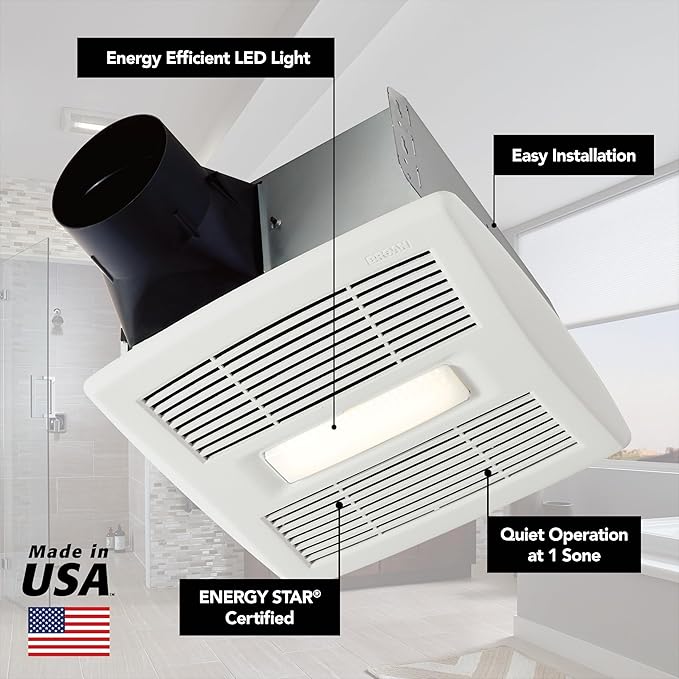 Broan-NuTone Bathroom Exhaust Fan with LED Light and Roomside Installation, Energy Star Certified, 110 CFM, Very Quiet 1.0 Sones White, AE110L