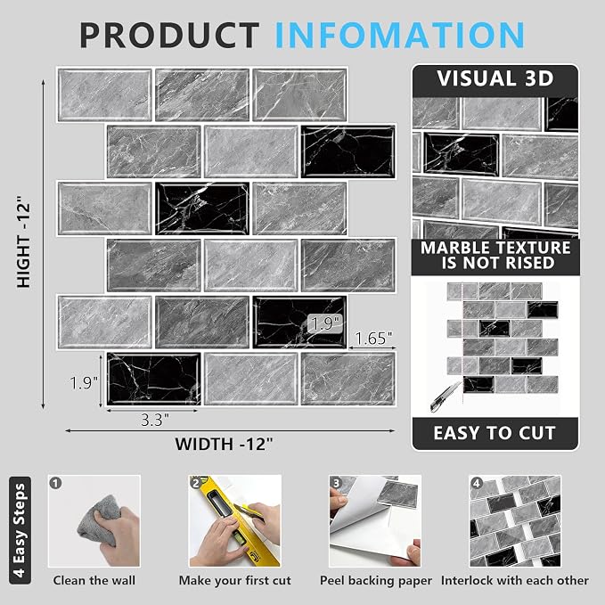 URCOLOR 10-Sheet Peel and Stick Backsplash Tile Sticker for Kitchen,12"x12" Self Adhesive Subway Wall Tiles Stick on Back Splashes for Bathroom Gray Black Marble Design