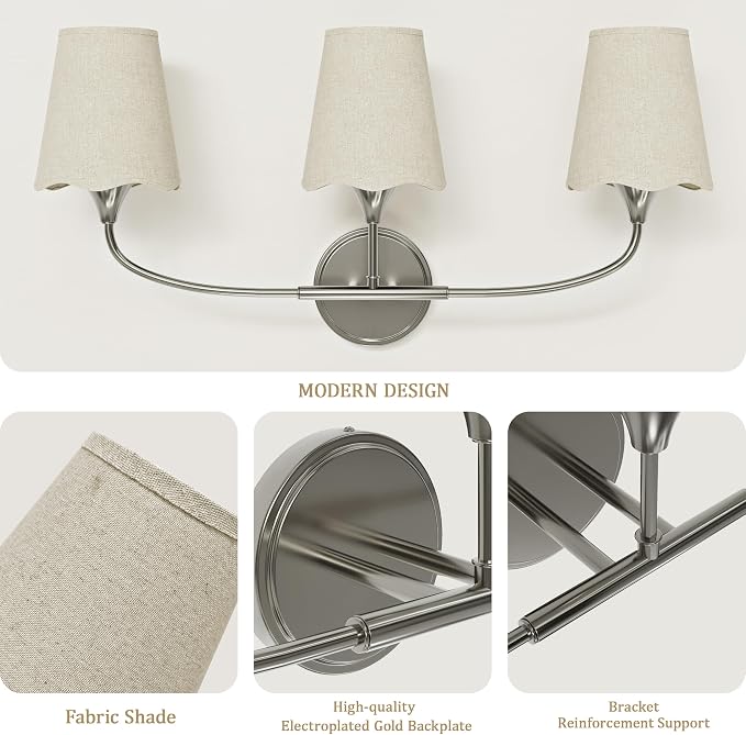 Morauroral Bathroom Light Fixtures Over Mirror, 3 Light Vanity Light for Bathroom, Brushed Nickel Vanity Light Fixtures with Fabric Linen Shade, E26 Socket Sconce Wall Decor(ETL Listed)