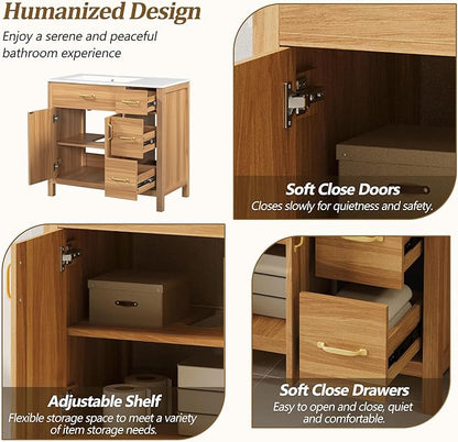 Favfurish 36" Bathroom Vanity,Free Standing Single Basin Vanity Combo with Sink,3 Soft Close Drawers & 2 Soft Close Doors,Solid Wood Frame Storage Cabinet w/Ceramic Basin,for Small Space,Natural