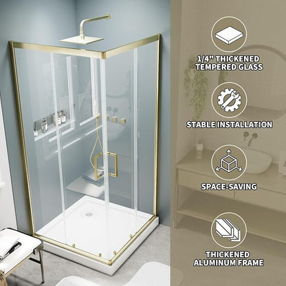 36x36x71-Inch Golden Shower Enclosure, 1/4"(6mm) SGCC Clear Tempered Glass | SGCC-certified, Double Sliding Corner Shower Door, Stainless Steel Handle&Tracks, Easy to Assemble, Base No Included