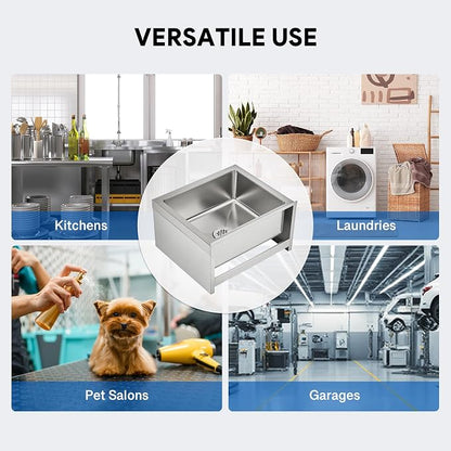 Commercial Mop Sink, 19x16x8 Inch 304 Stainless Steel Utility Sink with Strainer & X-Shaped Floor Guides for Kitchen Laundry Garage Pet Salon