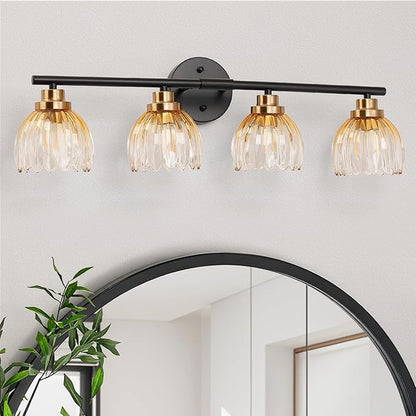 TALOYA Bathroom Vanity Light Fixtures, 4-Light Black and Gold Wall Lights for Mirror with Gradient Amber Tulip Glass Shades, Over Sink Lighting for Bedroom, Living Room, Hallway