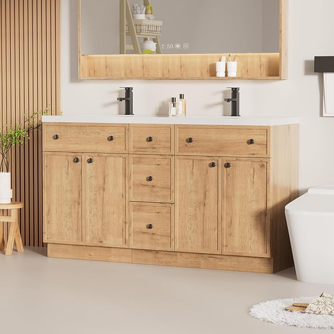 LUCKWIND 60" Bathroom Vanity Sink Combo, Modern Bathroom Cabinet with Double Undermount Solid Surface Vanity Sink, Soft-Close Hinges & Water-Saving Faucet, Natural