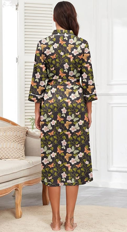PrinStory Robes for Women 3/4 Sleeve Long Bath Robe XS-4XL | V-Neck Knit Bathrobe with Pockets, Lightweight, Soft, Breathable Robes for Shower, Spa, Travel, Home, Party, Nursing