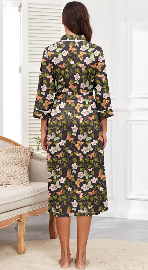 PrinStory Robes for Women 3/4 Sleeve Long Bath Robe XS-4XL | V-Neck Knit Bathrobe with Pockets, Lightweight, Soft, Breathable Robes for Shower, Spa, Travel, Home, Party, Nursing