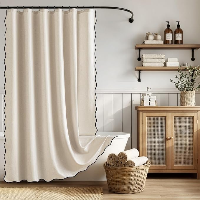 ANRODUO Cream Beige Scalloped Linen Textured Shower Curtain, W72 x L108 | Boho Farmhouse Shower Curtain with 12 Metal Hooks, Machine Washable Waterproof Heavy Duty Fabric for Bathroom Bathtub
