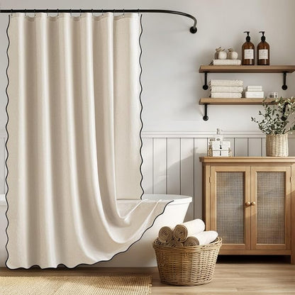 ANRODUO Cream Beige Scalloped Linen Textured Shower Curtain, W72 x L72 | Boho Farmhouse Shower Curtain with 12 Metal Hooks, Machine Washable Waterproof Heavy Duty Fabric for Bathroom Bathtub