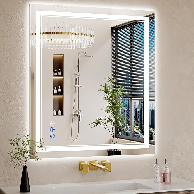 32"x36" LED Bathroom Mirror with Lights, Anti-Fog, Backlit + Front Lit, Dimmable, Lighted Bathroom Mirror, 3 Colors, Shatter-Proof Tempered Glass