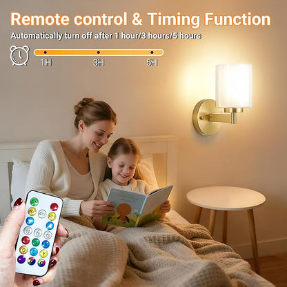 Battery Operated Wall Sconce Set of 2, Wireless Wall Sconce with Remote,10000mAh Rechargeable RGB Dimmable Bathroom Light Fixtures with Double Clear Glass Shade NOT Hardwired