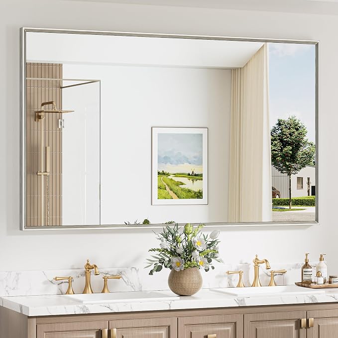 Keonjinn 60 x 36 Inch Brushed Nickel Oversize Bathroom Mirror for Over Sink | Metal Frame, Rectangular Mirror for Wall, Safety Tempered Glass, Square Corner, Ideal for Hallway or Living Room