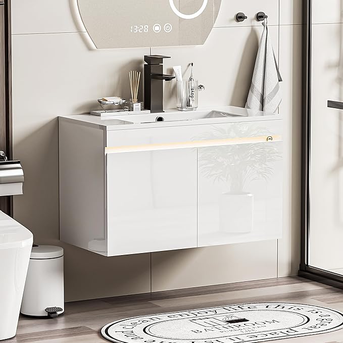 Spurgehom 30 inch Bathroom Vanity with Sink and Faucet, Floating Vanity Bathroom Cabinet with Lights, Modern Wall Mounted Storage Cabinet with Soft-Close System, White