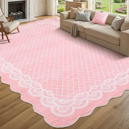 GarveeHome Washable 8x10 Area Rug Scalloped Pink Rug Modern Living Room Rugs Large Washable Girls Bedroom Rugs Abstract Bordered Carpet for Playroom Apartment Table Dorm Nursery, Pink