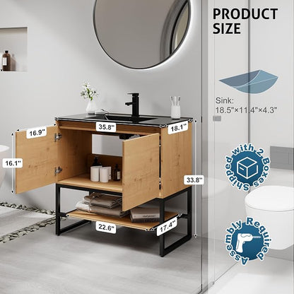 LUCKWIND 36" Modern Bathroom Vanity with Single Black Sink Combo, Freestanding Storage Cabinet with Metal Frame, Matte Black Faucet and Open Shelf and 2 Soft-Closing Door, Natural