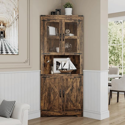 GarveeHome 67 in Tall Corner Storage Cabinet with Lights, Farmhouse Corner Hutch Display Cabinet with Glass Doors, Wooden Storage Organizer for Kitchen, Living Room, Bathroom, Brown