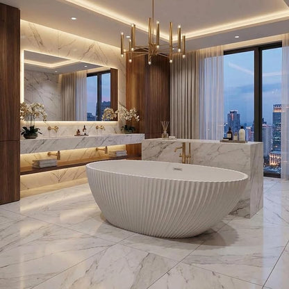 Freestanding Bathtub 67 Inch Acrylic Free Standing Tub Elegant Eggshell Silhouette with Lines,Freestanding Bathtubs with Chrome Overflow & Pop-Up Drain,Modern Stand Alone Tub for Bathroom Renovation