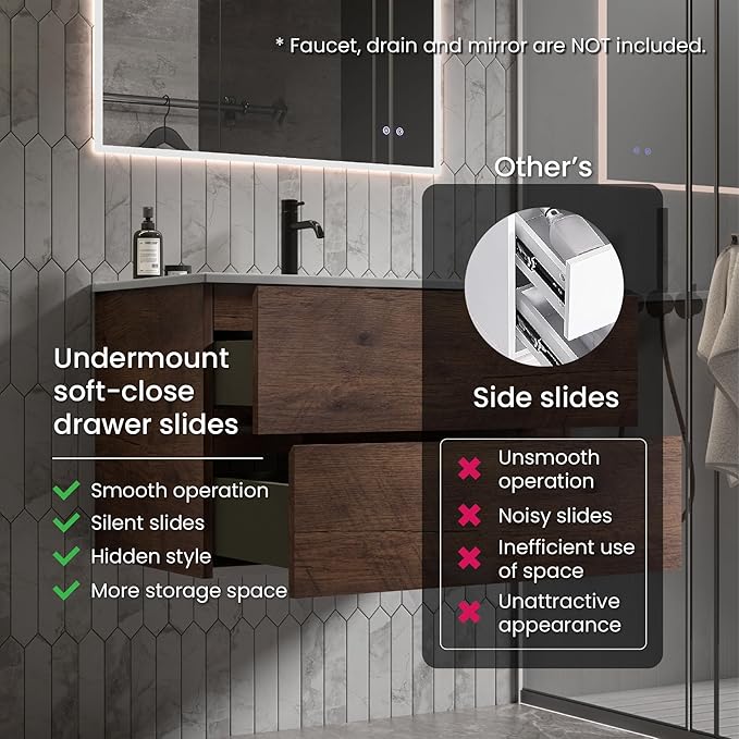 30" Bathroom Vanity with Sink, Modern Floating Vanity with Double Soft Closing Drawers, Large Storage for Small Space, Walnut, Fully Assembled - Iris Collection