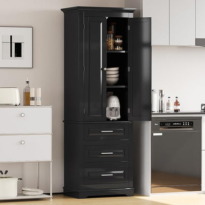 Merax 70" Pantry Cabinet with Two Doors & Three Drawer, Adjustable Shelves Storage Cupboard for Kitchen/Dining Room/Bathroom, Black