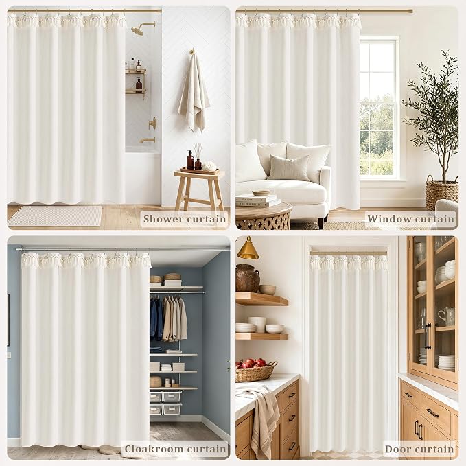Cream Shower Curtain with Top Tassels Water Repellent 72x96 Inch | Extra Tall, Natural Ivory, Linen Shower Curtains 96 Inch Long, Farmhouse Rustic Country Elegant, Bathroom Cloth Fabric Drapes