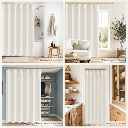 Cream Shower Curtain with Top Tassels Water Repellent 72x72 Inch | Boho Farmhouse Natural Elegant Aesthetic, Shower Curtains, Linen, Ivory, for Bathroom Decor, with Hooks Sets, 72 x 72 Inches