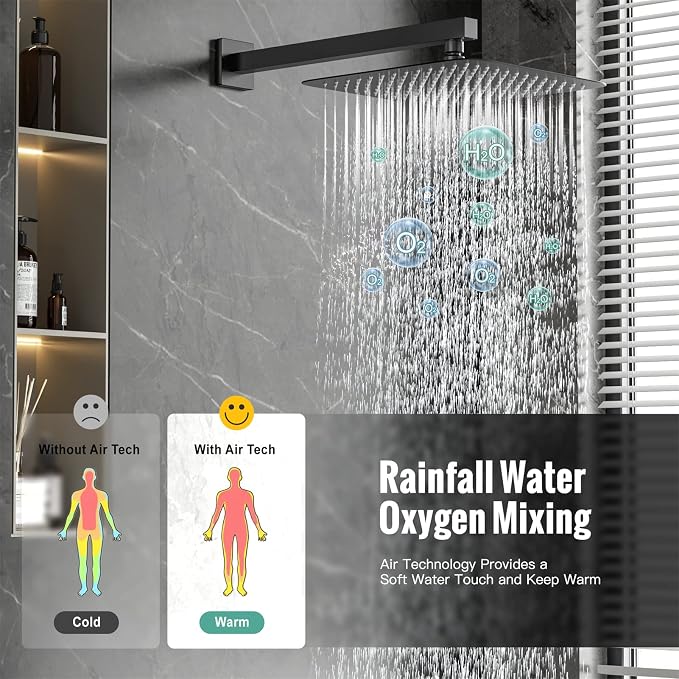 Waist Massage Spray Shower System with 6 Body Jets and Tub Spout, 16'' Full Body Bathtub Shower System with Shower Jet, Wall Mounted Rain Shower and Handheld Shower Faucet Set Complete, Matte Black