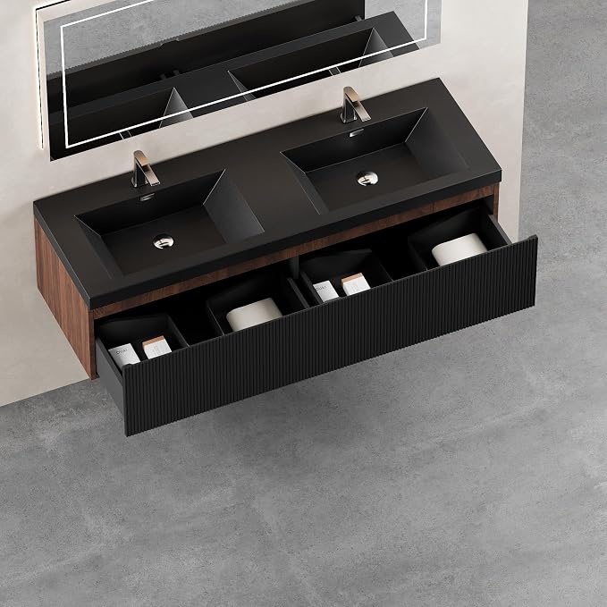 60 Inch Floating Bathroom Vanity with Double Sink, Modern Black Wall Mounted Floating Vanity with Scratch-Resistant Quartz Sand Basin, Soft Closing Drawers, Fully Pre Assembled Bathroom Vanity