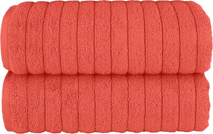 Elegant Comfort 100% Turkish Cotton Corduroy Ribbed Luxury Soft 2 Pack Bath Towels 27 x 54 Inch - Ultra Plush, Absorbent, Quick Dry, Hotel Spa Quality Towels for Bathroom Essentials, Coral