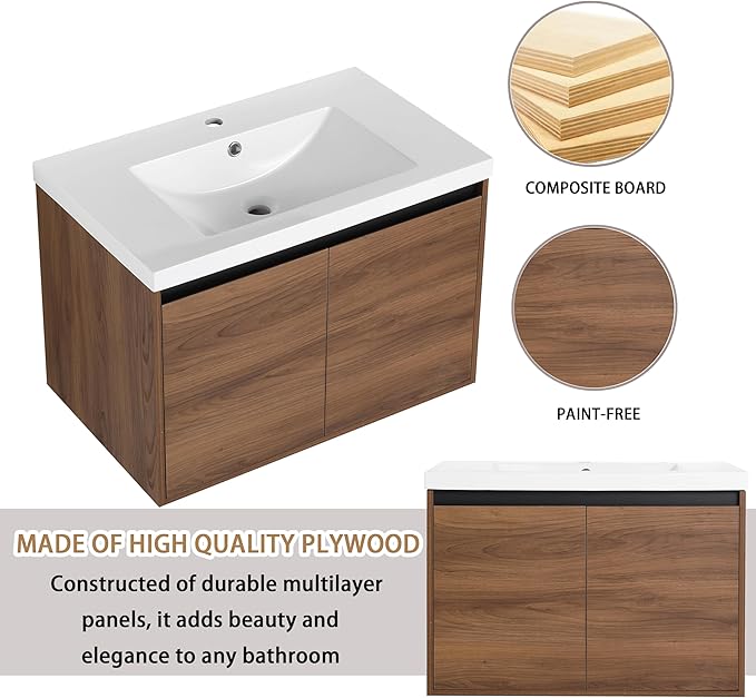 30" Floating Bathroom Vanity,30 Inch Bathroom Vanity with Sink,Single Sink Wall Mounted Vanity Combo,Dark Brown Wall Mounted Cabinet Set