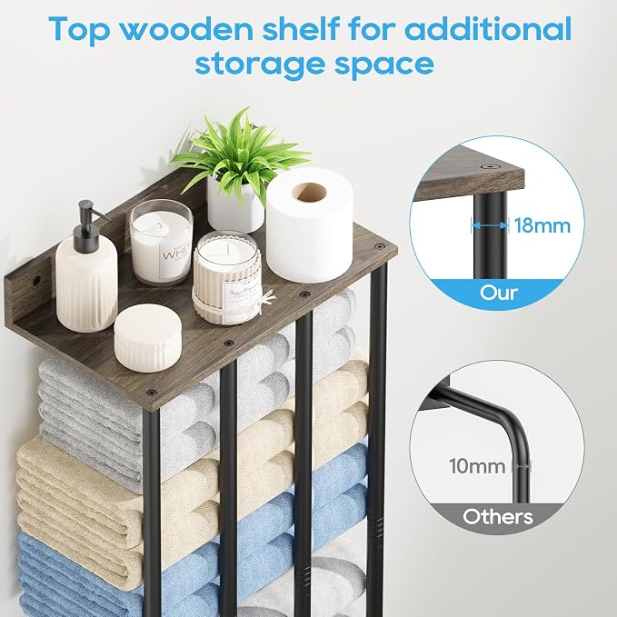Wall Mounted 4-Bar Towel Rack with Wooden Shelf, Bathroom Storage Holder | Large Bathroom Towel Storage Rack for Rolled Towels, Classic Metal Towel Organizer Shelf with Wooden Storage Shelf