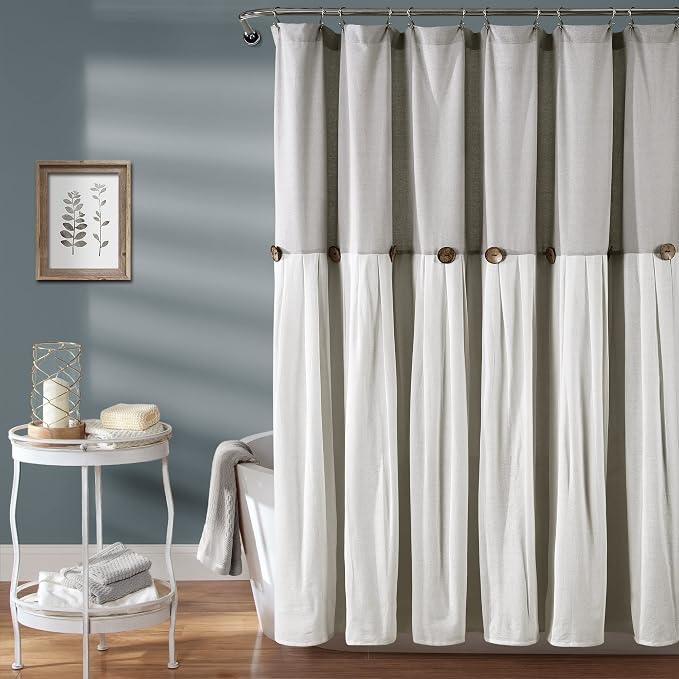 Lush Decor Linen Button Farmhouse Shower Curtain, 72" W x 78" L, Gray & Off White - Extra Long Shower Curtains - Gray Shower Curtain Fabric - Farmhouse Bathroom Decor
