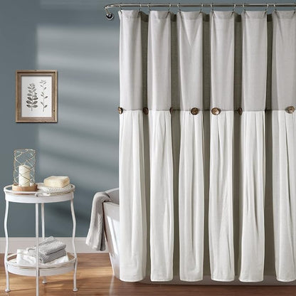 Lush Decor Linen Button Farmhouse Shower Curtain, 72" W x 78" L, Gray & Off White - Extra Long Shower Curtains - Gray Shower Curtain Fabric - Farmhouse Bathroom Decor
