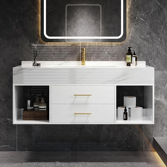 homary 39.4" Floating Bathroom Vanity with Sink, Modern Wall-Mounted Vanity Bathroom Cabinet with Sintered Stone Countertop, Undermount Sink & White, 2 Open Storage Shelves