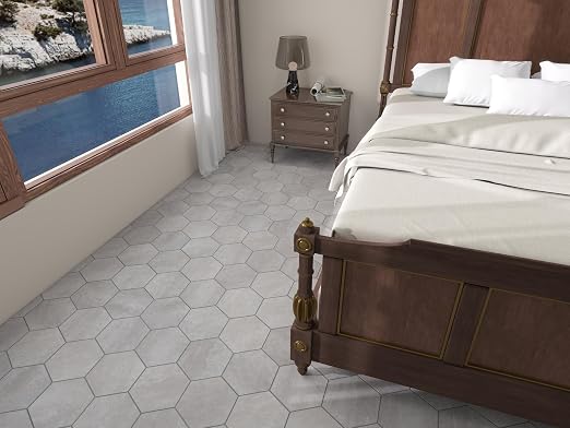 W&S 1-Sheet Matte Warm Grey Peel and Stick Flooring Tile,Thicker Hexagon Stick on Backplash for Kitchen,Self Adhesive Faux Stone Floor Tile for Living Room,Bathroom,Bedroom